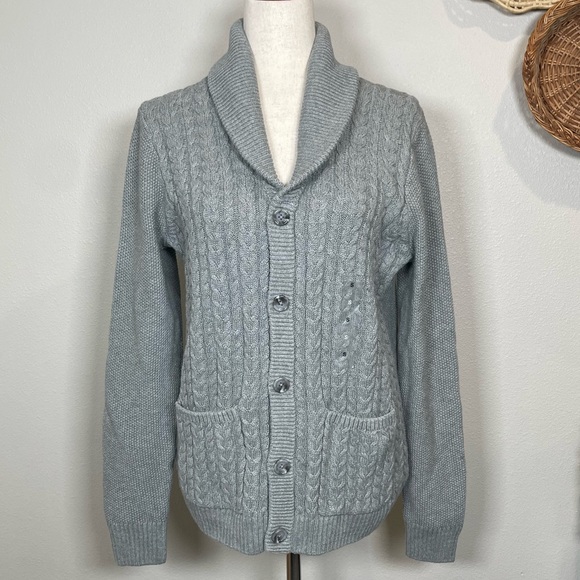 NWT’s Chunky Cable Knit Cadigan Sweater Cotton Gray Size Small Grannycore